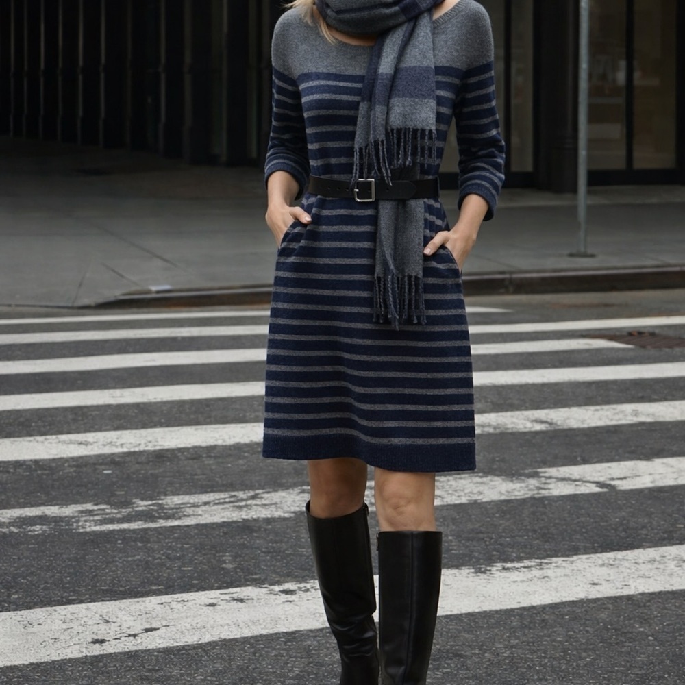 Banana Republic Italian Yarn Striped Sweater Dress Gray Blue Medium
Workwear